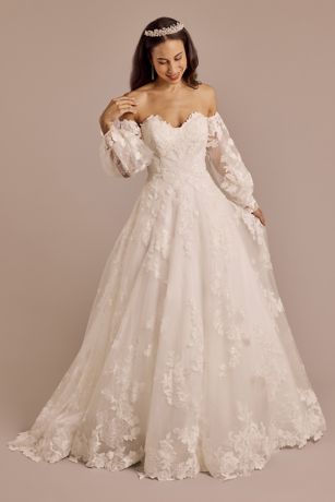 Oleg Cassini Lace Applique Gown with Removable Billow Sleeves